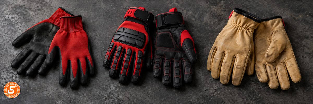 Illustration of different work gloves on a workbench for Unishore Workwear’s Milwaukee glove guide.
