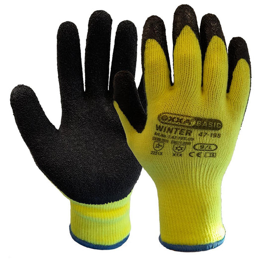 12Pr OXXA Basic Winterhandschoen 47-195 Latex/Acryl (Zwart/Geel)