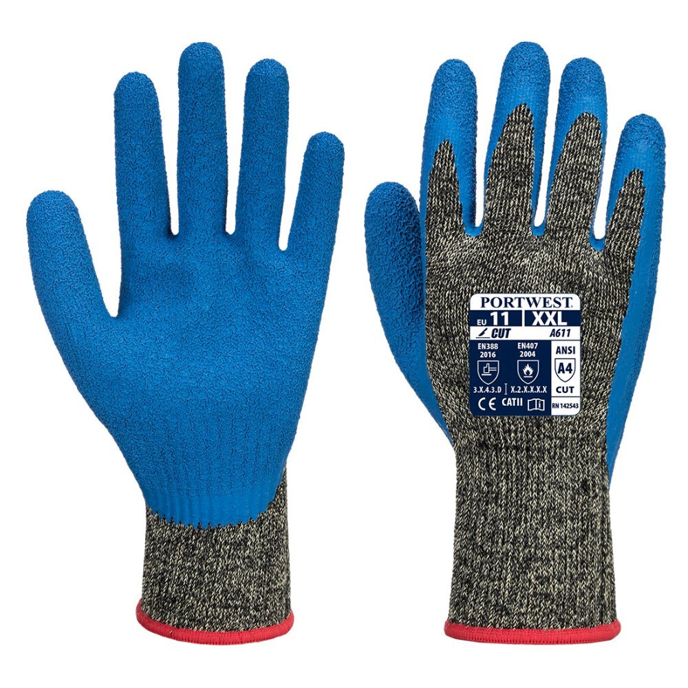 12 Paar Portwest Aramide/Latex Cut D Handschoen (Zwart/Kob)