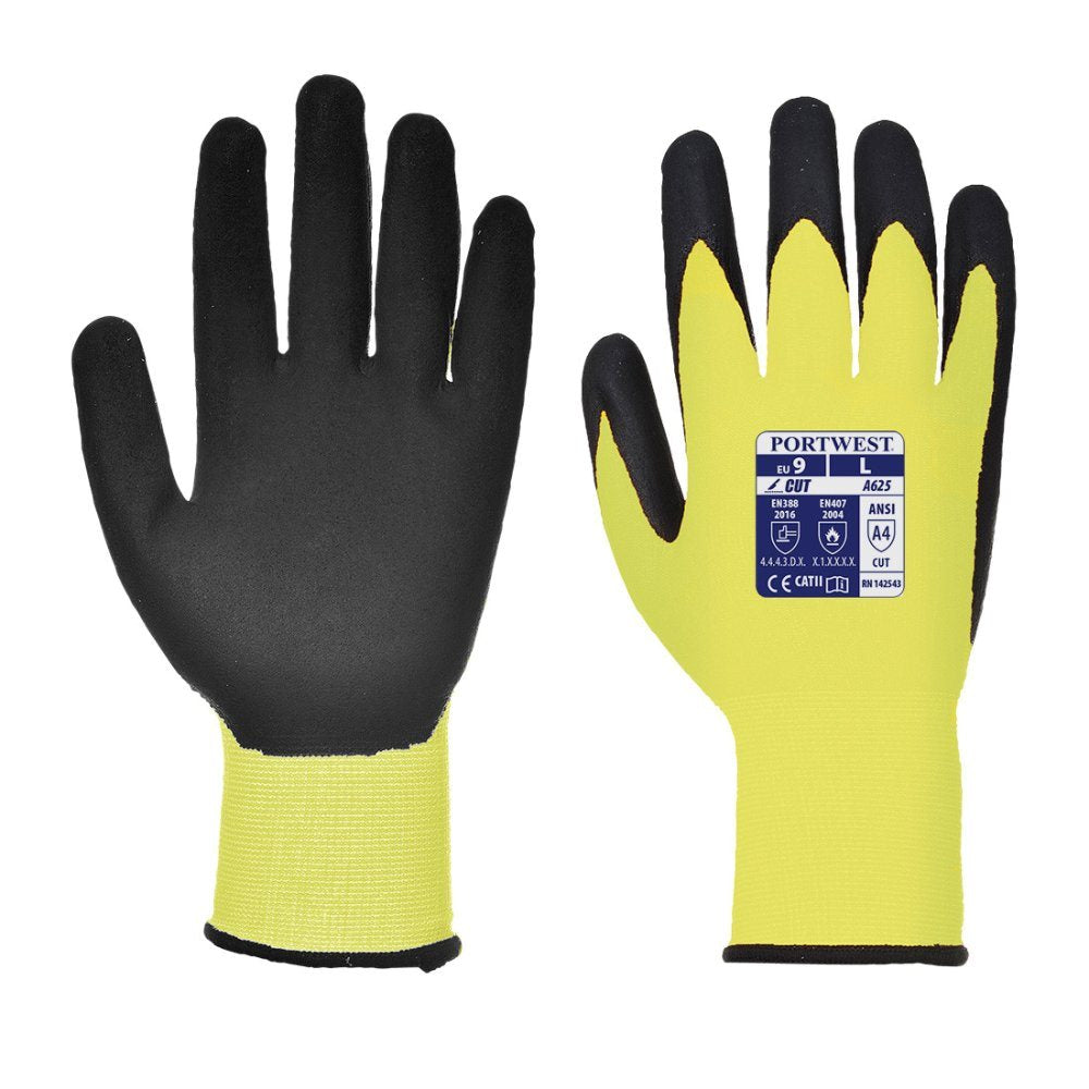 12 Paar Portwest Hi-Vis Handschoen Cut D (Geel/Zwart)