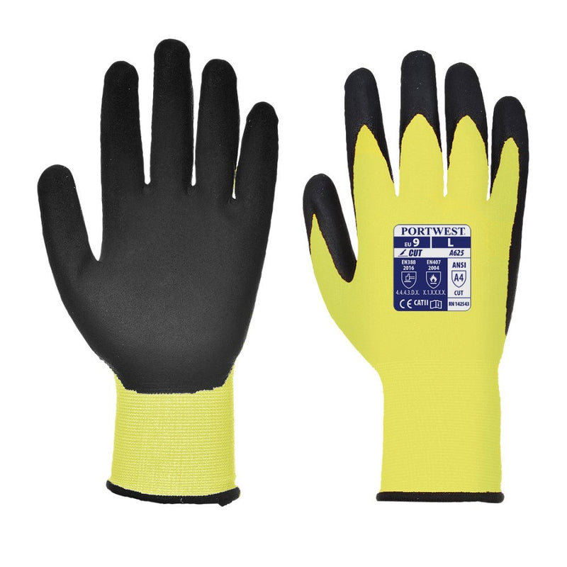 12 Paar Portwest Hi-Vis Handschoen Cut D (Geel/Zwart)