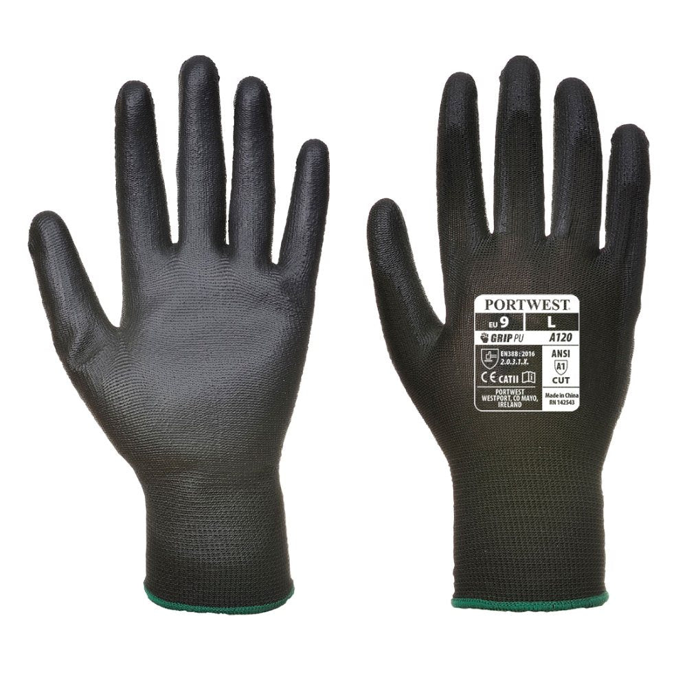 12 Paar Portwest PU Palm Handschoenen (Zwart)