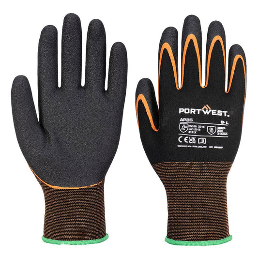 12 Paar Portwest Grip 15 Nitril Dubbele Palm (Zwart/Oranje)